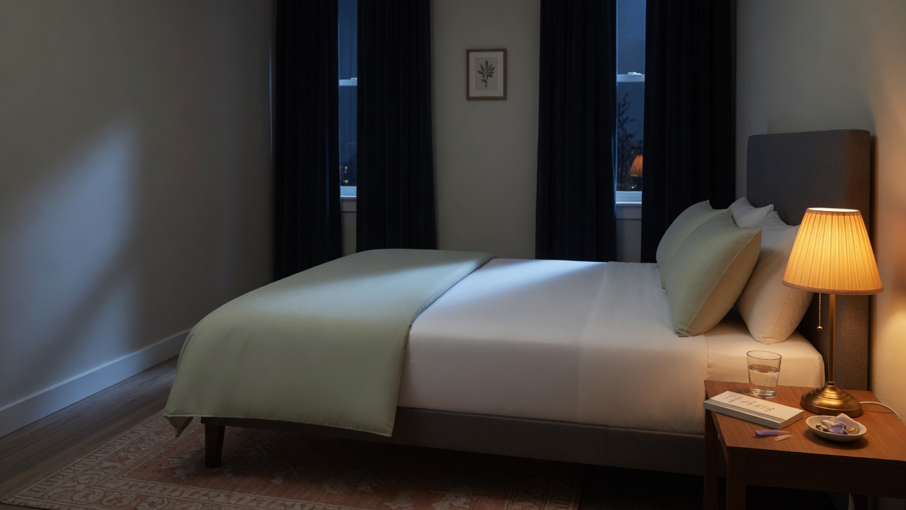Quiet dim bedroom with soft amber lamp light at night