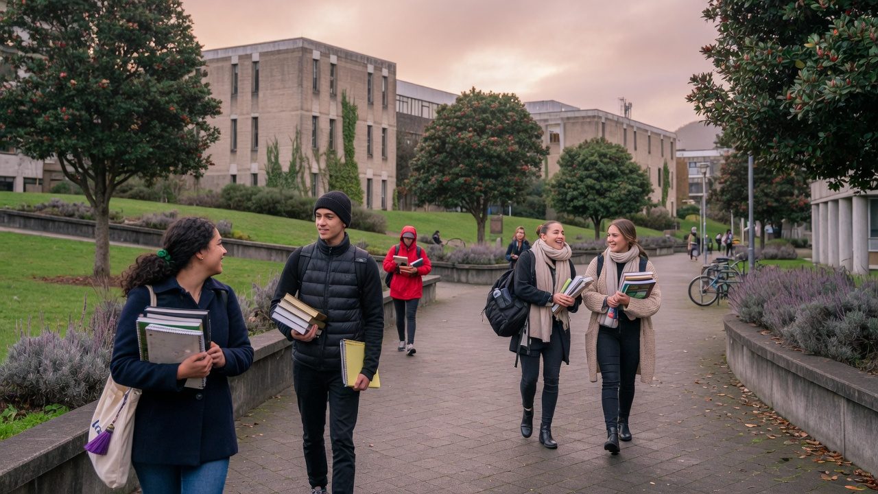 Campus walkway in soft light
